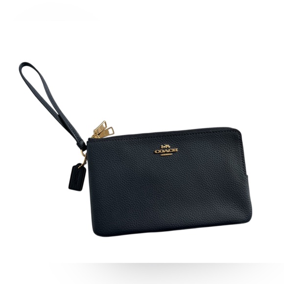 Coach Navy blue Leather double zipper Wristlet with Gold Accents